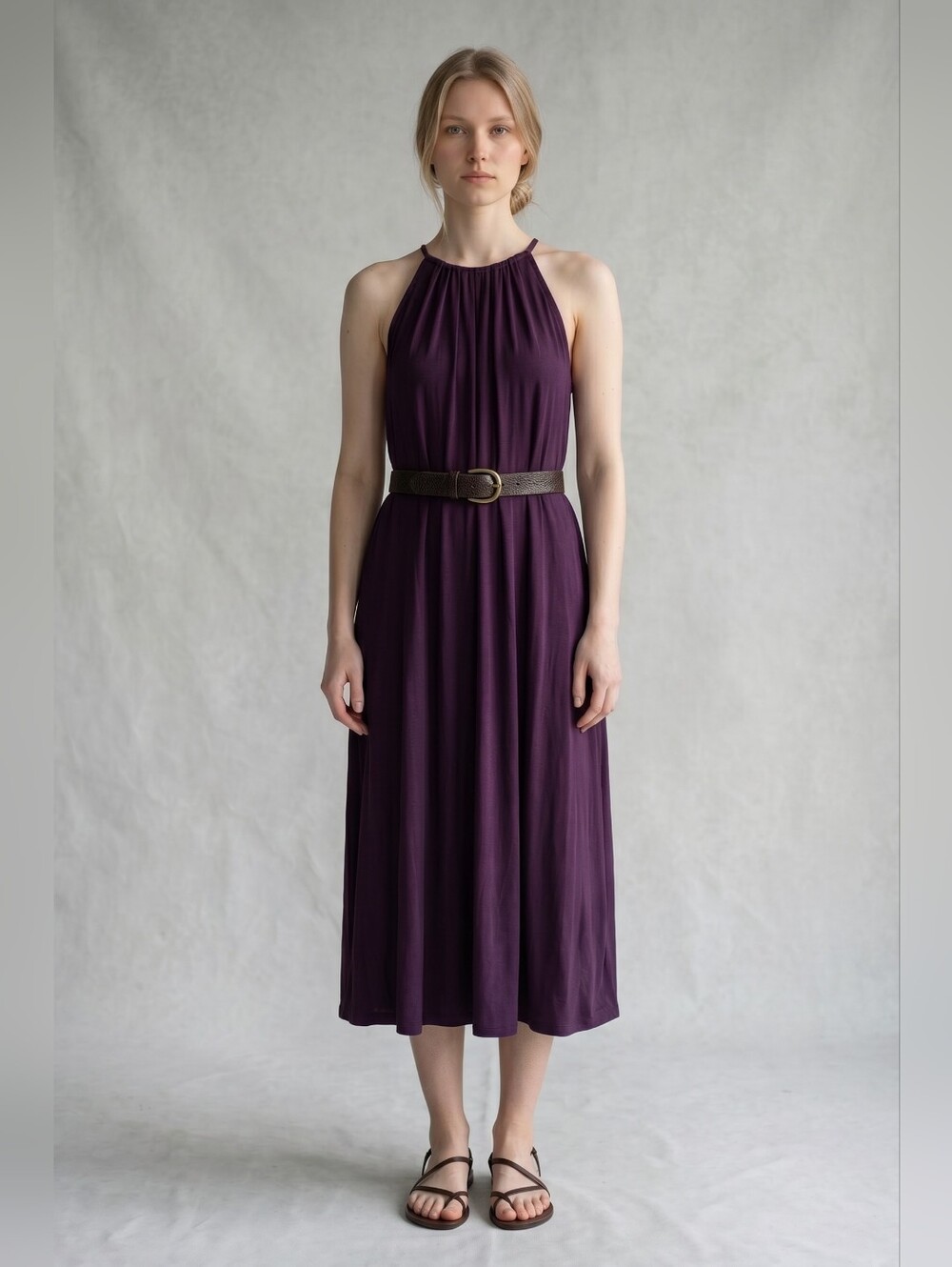 Eileen Fisher Plum Purple Tencel Lyocell Back Keyhole Tie Midi Dress S/P